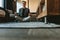 Mid adult businessman doing yoga meditation in office