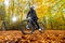 Mid-adult woman riding bicycle in city forest in autumnal scenery