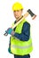 Mid adult worker man holding axe