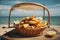 mid angle shot of a plate of fish and chips served in a basket, beach-side