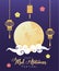 Mid autumn celebration card with moon nd lanterns hanging
