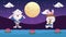 Mid autumn festival animation with rabbits couple and moon in lake