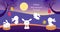 Mid autumn festival banner. Rabbits creative adventure, asian rabbits and cookies. Cute festive bunny looking on