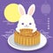 Mid-autumn festival illustration of cute bunny holding a moon cake. Caption: Celebrate Mid-autumn festival together