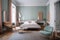 mid-century bedroom, with soft pastel colors and sleek streamlined furniture