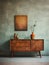 Mid century cabinet near grunge textured stucco wall. Interior design of living room