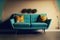 Mid century green accent blue sofa. AI