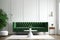 Mid Century Living Room Green Sofa Interior Mockup, White Emty Wall - Generative AI