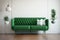 Mid Century Living Room Mockup Green Sofa Interior, White Emty Wall - Generative AI