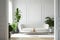 Mid Century Living Room White Sofa Interior, White Emty Wall Mockup - Generative AI