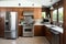 mid-century modern kitchen, with sleek wooden cabinets and industrial stainless steel appliances