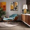 A mid-century modern living room with iconic furniture pieces and bold patterns1