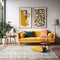 Mid-Century Modern Living Room with Mustard Yellow Sofa and Single Frame Mockup