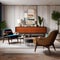 A mid-century modern living room showcasing iconic furniture pieces and bold, geometric patterns2