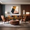 A mid-century modern living room showcasing iconic furniture pieces and bold, geometric patterns4