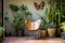 a mid-century modern patio with a butterfly chair, metal side table, and potted plants