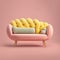 Mid century pink accent sofa on pink background