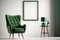 Mid Century White Room, One Vintage Green Armchairs, Blank Photo Frame Mockup - Generative AI