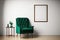 Mid Century White Room, One Vintage Green Armchairs, Blank Photo Frame Mockup - Generative AI