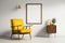 Mid Century White Room, One Vintage Orange Armchairs, Wood Blank Photo Frame Mockup - Generative AI