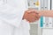 Mid section of a doctor shaking hands with patient