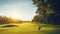 A Mid-Swing Golfer Silhouette Against a Vibrant Green Golf Course Under a Clear Blue Sky