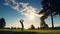 A Mid-Swing Golfer Silhouette Against a Vibrant Green Golf Course Under a Clear Blue Sky