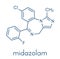 Midazolam benzodiazepine drug molecule. Has sedative, anxiolytic, amnestic, hypnotic, anticonvulsant, etc properties. Skeletal.