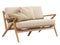 Midcentury beige fabric upholstery sofa with accent pillows. 3d render