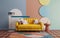 Midcentury modern interior design with yellow sofa and decoration wall