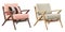 Midcentury pink and beige fabric upholstery concave arm chair with accent pillow. 3d render