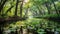 Midday Serenity: A Pond with Lilies and Verdant Trees