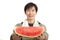 Middle age asian farmer holding Watermelon