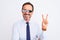 Middle age businessman wearing thug life sunglasses over isolated white background smiling with happy face winking at the camera