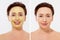 Middle age closeup woman face before after beauty mask treatment. Before-after wrinkled skin. Summer anti aging collagen mask on