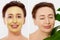 Middle age closeup woman face before after beauty mask treatment. Before-after wrinkled skin. Summer anti aging collagen mask on