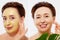 Middle age closeup woman face before after beauty mask treatment. Before-after wrinkled skin. Summer anti aging collagen mask on