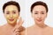 Middle age closeup woman face before after beauty mask treatment. Before-after wrinkled skin. Summer anti aging collagen mask on