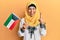 Middle age hispanic woman wearing hijab holding kuwait flag smiling with an idea or question pointing finger with happy face,
