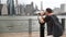 Middle age male tourist enjoy panoramic view with Manhattan skyscrapers in New York, USA. Man look at most famous skyscrapers in w