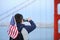 Middle age man making mobile photo on Golden Gate bridge