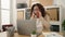 Middle age woman business worker sleeped waking up for telephone calling at office