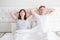 Middle age woman and man in bed. Senior couple dreaming and thinking in bedroom. Template and blank t shirt. Copy space and mock