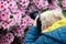 Middle age woman photographing the blooming rhododendrons