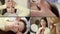 Middle-aged asian woman in beauty salon, collage of four shots with consultation and massage of face