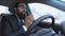 Middle-aged bearded man sneezing while driving car, flu symptoms, allergy season