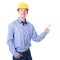 Middle aged business man or architect in yellow builder\'s helmet