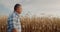 Middle-aged farmer walks near corn field. Side view