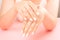 Middle aged Female Palm. Beautiful Glamour Manicure. Care about Hands and Nails, clean Skin. Professional manicure in beauty salon