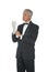 Middle Aged Man in Tux Putting on White Gloves